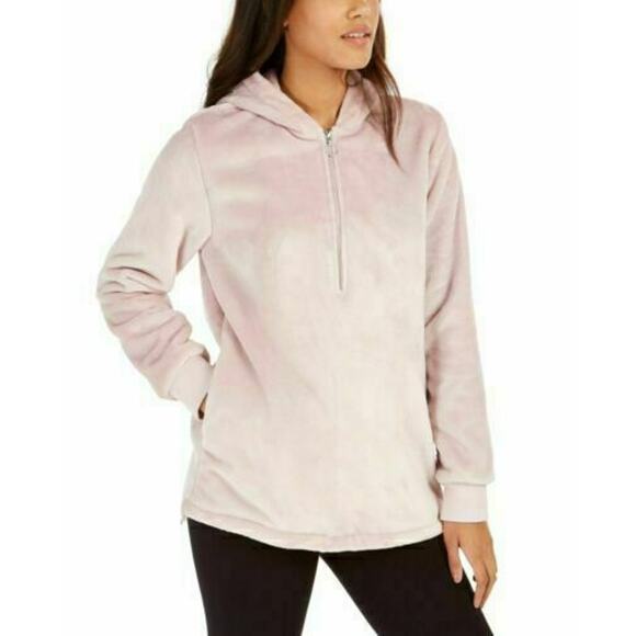Ideology Womens Half Zip Hooded Pullover Sweater Faux-Fur Fleece Pink L $80 NWT - Picture 1 of 6